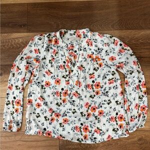 LOFT Light Blue Floral Split Neck Blouse